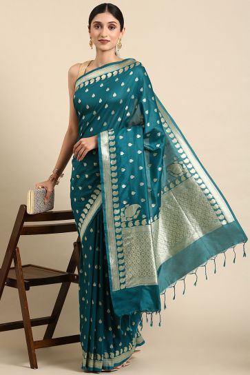 Cyan Color Gorgeous Banarsi Cotton Saree With Weaving Work