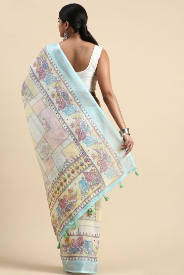 Multi Color Exquisite Casual Wear Printed Linen Saree