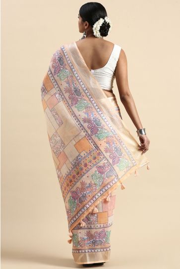 Casual Wear Attractive Printed Linen Saree In Multi Color