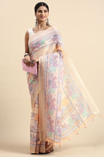 Casual Wear Attractive Printed Linen Saree In Multi Color