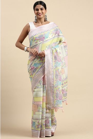 Alluring Multi Color Casual Wear Printed Linen Saree
