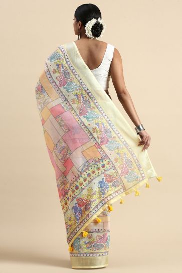 Multi Color Casual Wear Graceful Printed Linen Saree