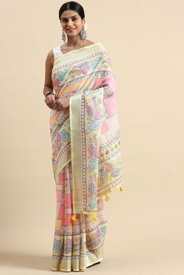 Multi Color Casual Wear Graceful Printed Linen Saree