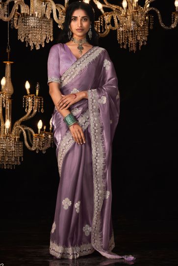Lavender Color Tissue Fabric Coveted Saree With Embroidered Work