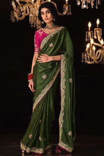 Tissue Fabric Green Color Riveting Saree With Embroidered Work