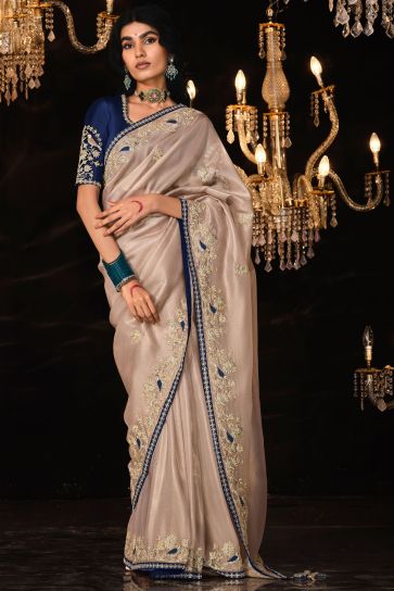 Fancy Fabric Beige Color Excellent Saree With Embroidered Work
