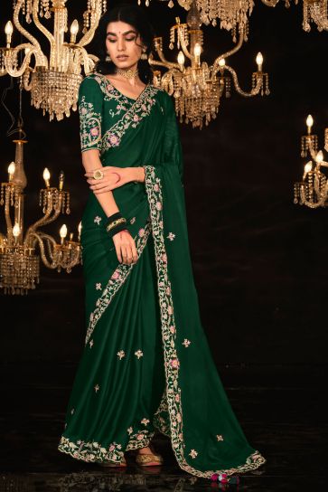 Embroidered Work On Green Color Silk Fabric Princely Saree