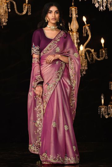 Fancy Fabric Pink Color Patterned Saree With Embroidered Work