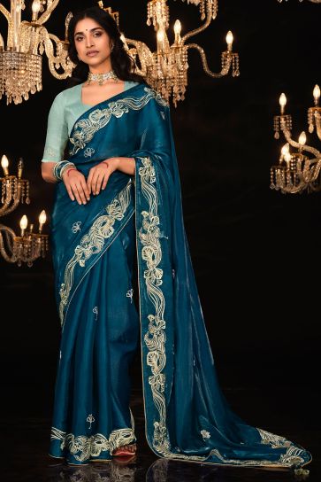 Blue Color Tissue Fabric Engaging Saree With Embroidered Work