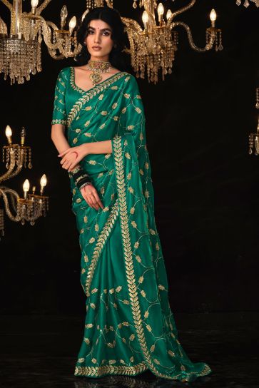 Excellent Tissue Fabric Sea Green Color Saree With Embroidered Work