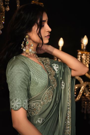 Olive Color Embroidered Work On Tissue Fabric Stunning Saree