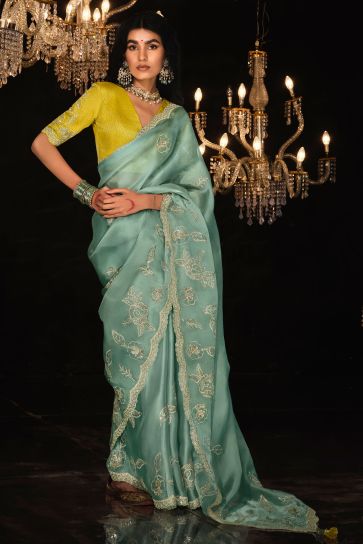 Incredible Embroidered Work On Organza Fabric Light Cyan Color Saree