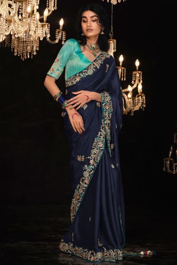 Blue Color Tissue Fabric Special Saree With Embroidered Work