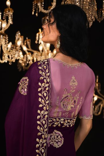 Tissue Fabric Purple Color Pleasance Saree With Embroidered Work