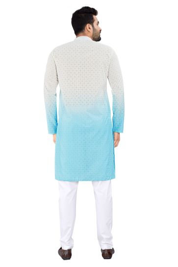 White And Cyan Color Gorgeous Fancy Fabric Reception Wear Readymade Kurta Pyjama For Men