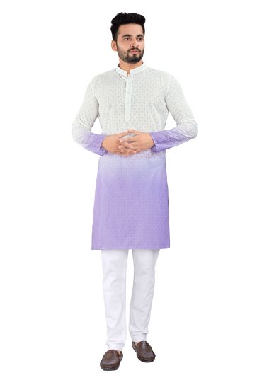 Fancy Fabric Stunning White And Purple Color Function Wear Readymade Men Kurta Pyjama