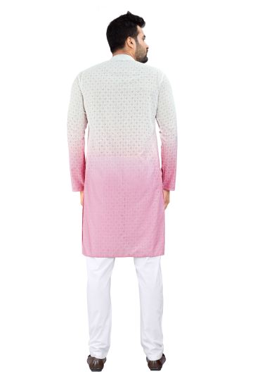 White And Pink Color Festive Wear Fancy Fabric Readymade Lovely Kurta Pyjama For Men