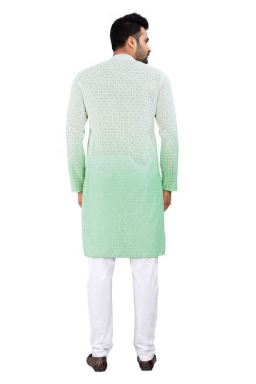 Pretty Fancy Fabric Sangeet Wear Readymade Men Kurta Pyjama In White And Sea Green Color