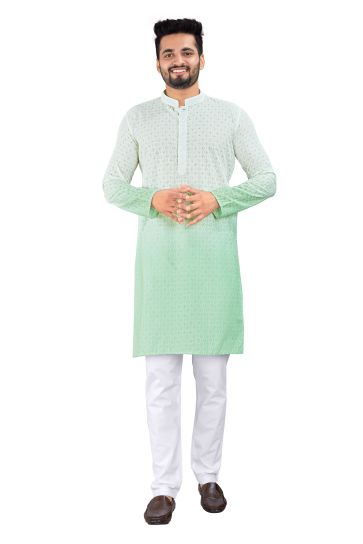 Pretty Fancy Fabric Sangeet Wear Readymade Men Kurta Pyjama In White And Sea Green Color