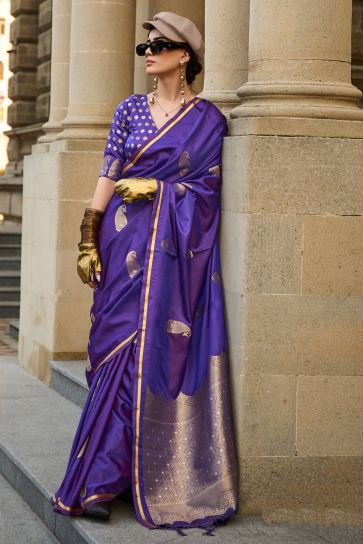 Function Style Satin Fabric Weaving Work Purple Color Saree