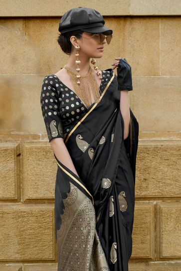 Stylish Weaving Work Satin Fabric Black Color Saree For Function