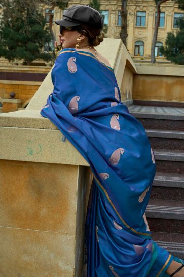 Contemporary Blue Color Satin Fabric Saree For Function