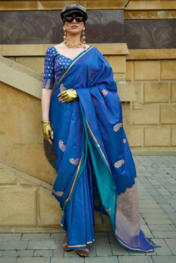 Contemporary Blue Color Satin Fabric Saree For Function