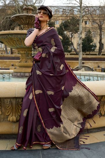 Vibrant Brown Color Satin Fabric Weaving Work Saree For Function