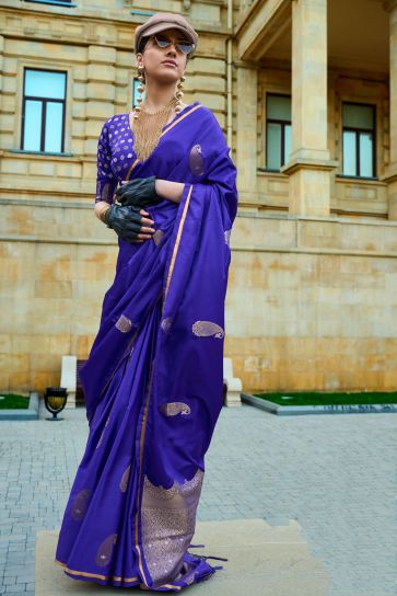 Elegant Function Wear Satin Fabric Weaving Work Purple Color Saree