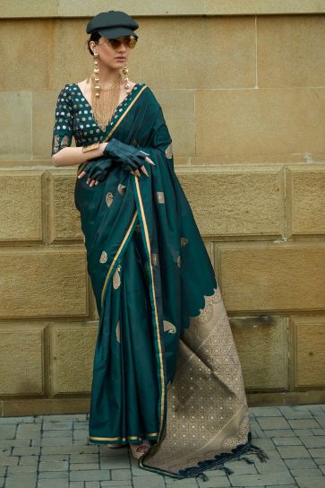 Traditional Green Color Satin Fabric Saree For Function