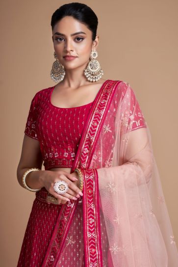 Rani Color Georgette Fabric Sequins Work Lehenga For Sangeet Wear