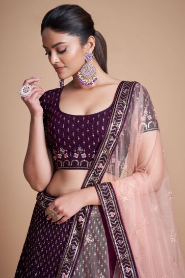 Sangeet Style Georgette Fabric Sequins Work Lehenga in Purple Color