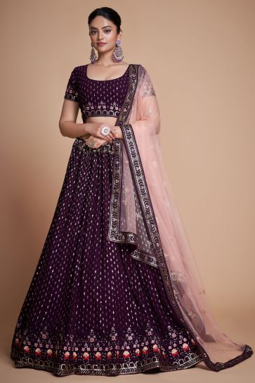 Sangeet Style Georgette Fabric Sequins Work Lehenga in Purple Color