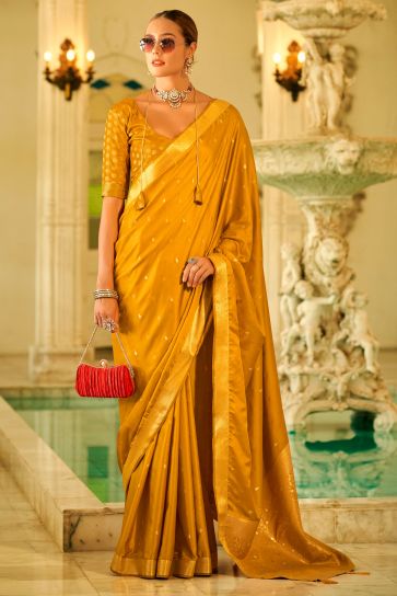 Mustard Color Exquisite Weaving Work Function Wear Satin Silk Saree