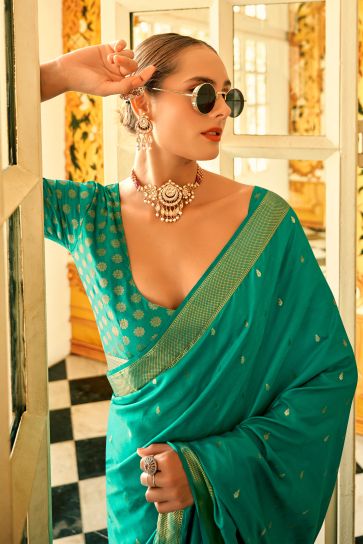 Weaving Work Attractive Function Wear Satin Silk Saree In Sea Green Color