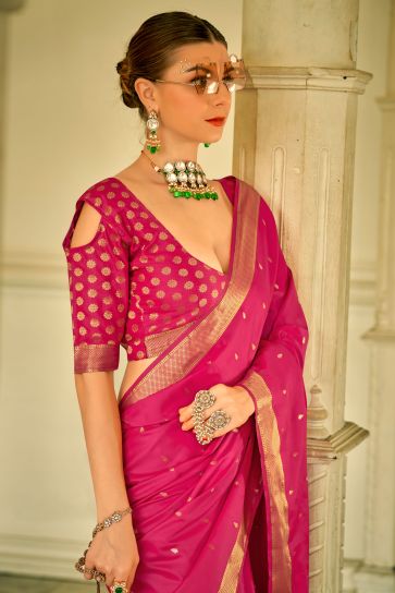 Alluring Rani Color Weaving Work Function Wear Satin Silk Saree