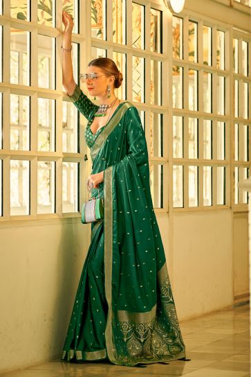 Green Color Weaving Work Graceful Function Wear Satin Silk Saree
