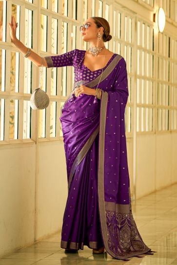 Blazing Purple Color Weaving Work Function Wear Satin Silk Saree