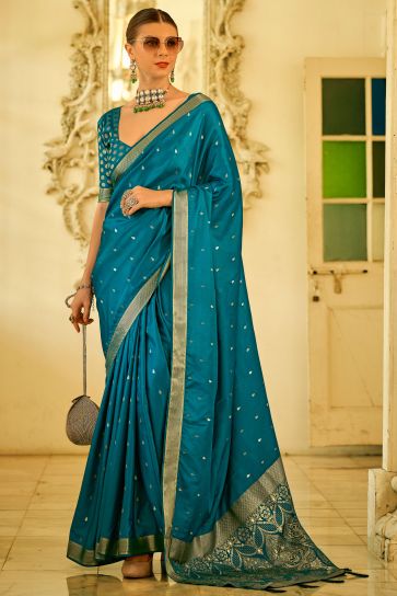 Teal Color Weaving Work Glamorous Function Wear Satin Silk Saree