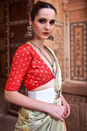 Cream Color Weaving Work Brilliant Satin Silk Saree