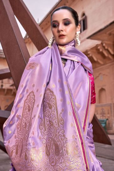 Weaving Work Imposing Satin Silk Saree In Lavender Color