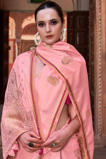 Weaving Work Soothing Satin Silk Saree In Peach Color