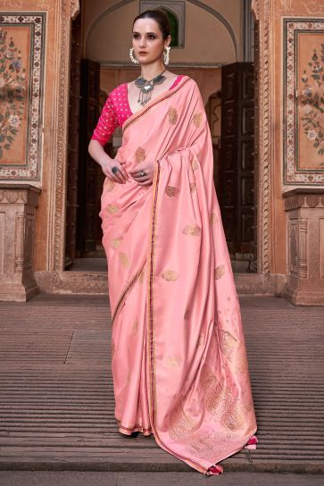 Weaving Work Soothing Satin Silk Saree In Peach Color