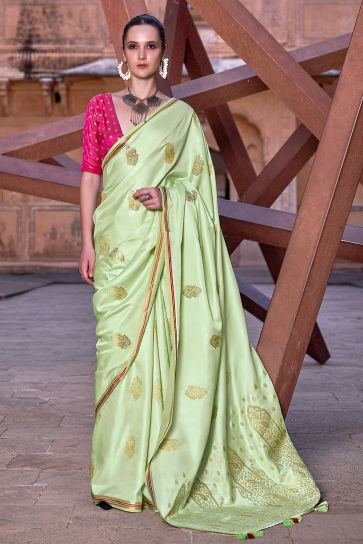 Green Color Glorious Satin Silk Saree With Weaving Work