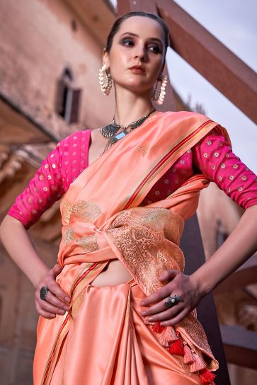 Orange Color Weaving Work Pleasant Satin Silk Saree