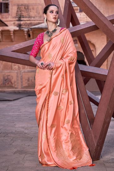 Orange Color Weaving Work Pleasant Satin Silk Saree