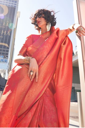 Orange Color Glamorous Look Handloom Weaving Saree