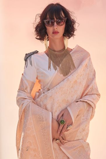 Cream Color Gorgeous Look Handloom Weaving Saree