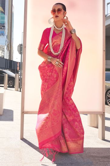 Rani Color Stylish Look Handloom Weaving Saree