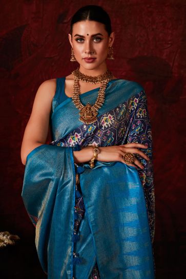 Delicate Navy Blue Color Patola Style Printed Silk Saree